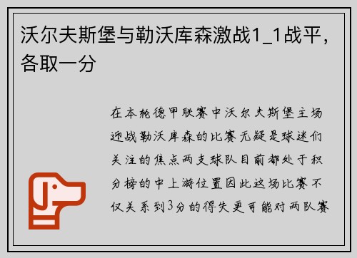 沃尔夫斯堡与勒沃库森激战1_1战平，各取一分